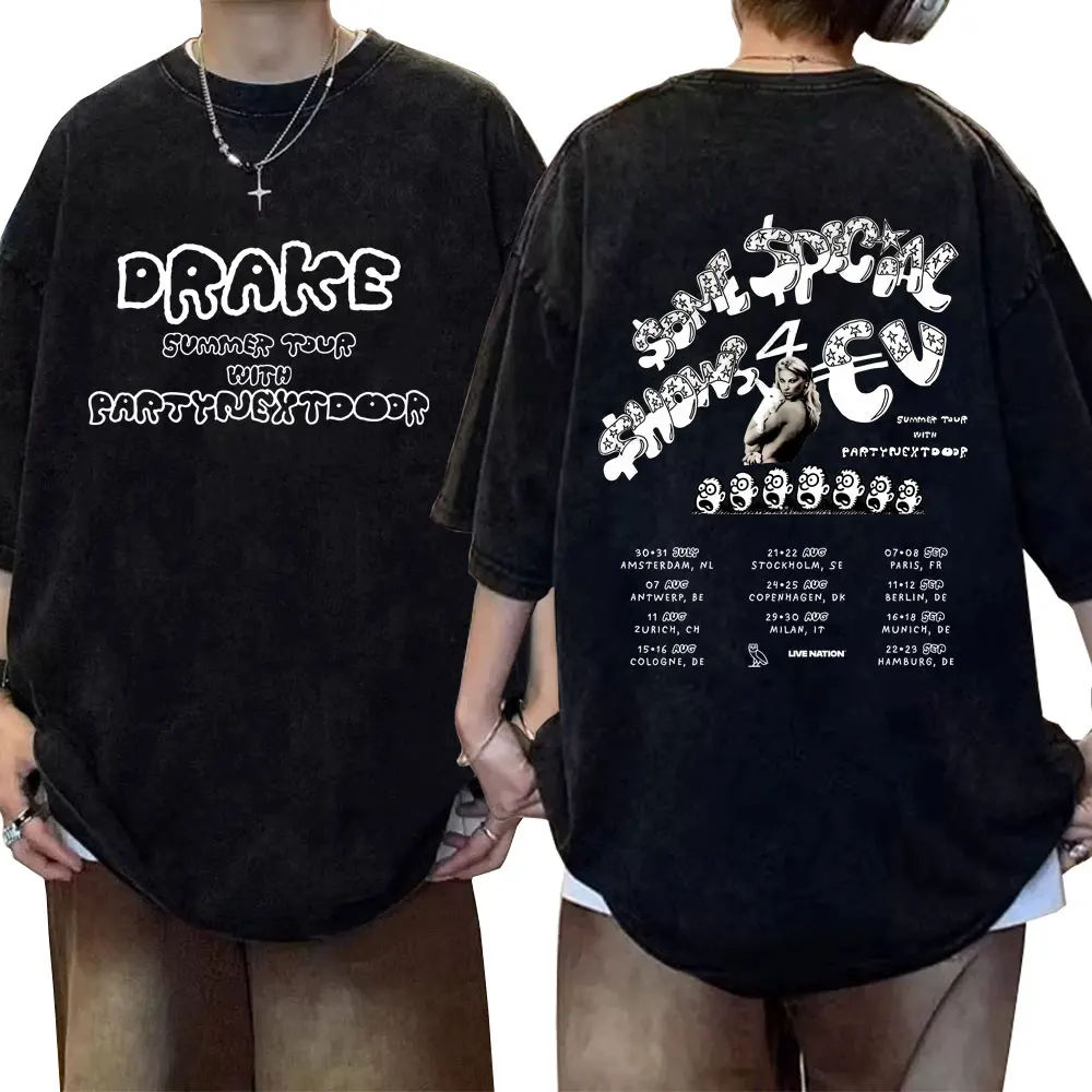 

Washed Vintage Rapper Drake Europe Tour with Partynextdoor 2025 T-shirts Men Women Hip Hop Oversized T Shirts Fashion Streetwear