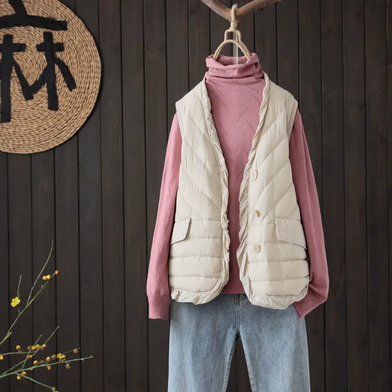 Chaleco de plumón de pato blanco ultraligero para mujer, abrigo de invierno con cuello de pico, chaleco sin mangas, chaqueta, camisetas sin mangas cortas cálidas para mujer