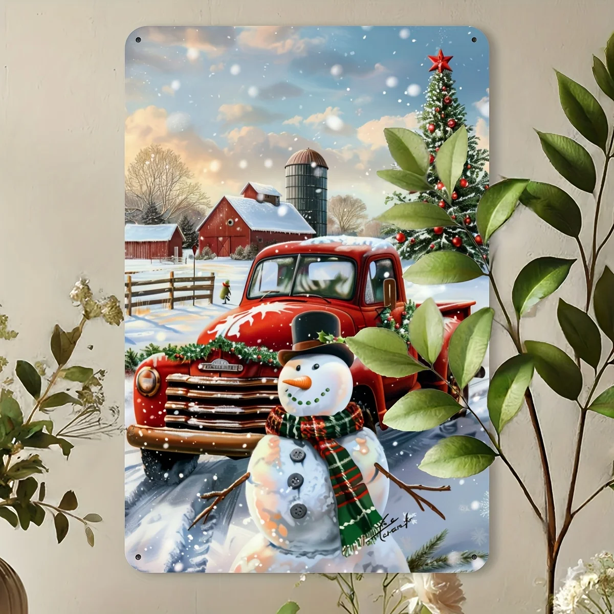 Snowman Car Metal Tin Sign, Christmas Indoor Outdoor Decoration Hanging Tin Painting, Wall Room Residence Bedroom Restaurant Bar