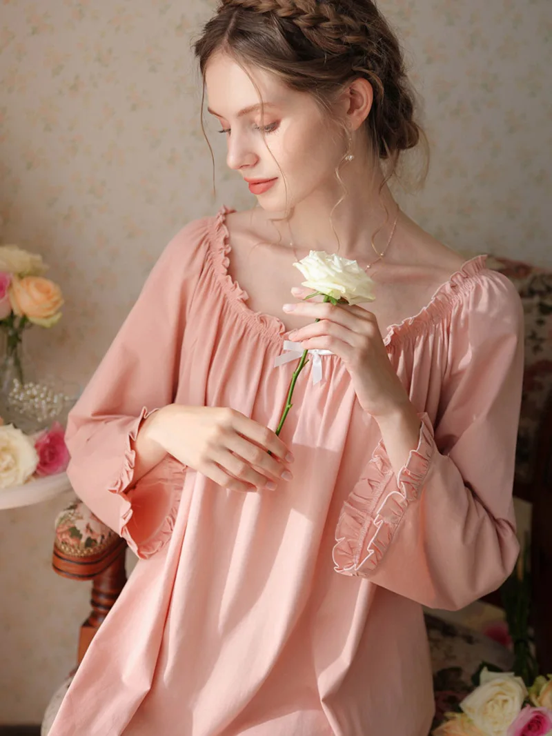 French Victorian Nightdress Spring Autumn Cotton Pajamas Nightgown Women Long Sleeves Loose Ruffles Princess Vintage Sleepwear