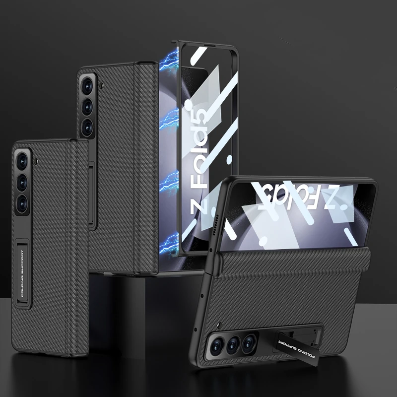 

Чехол для Samsung Galaxy Z Fold5 с магнитным шарниром, защитный чехол с откидной подставкой для Fold 5, Матовый кожаный жесткий чехол, стеклянная пленка