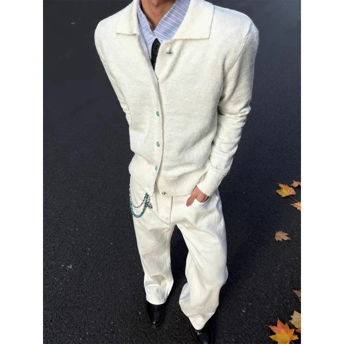 White Turquoise Knit Cardigan Men's Autumn Loose Fit Cleanfit Jacket American Style Casual Loose round Neck Open Front Coat