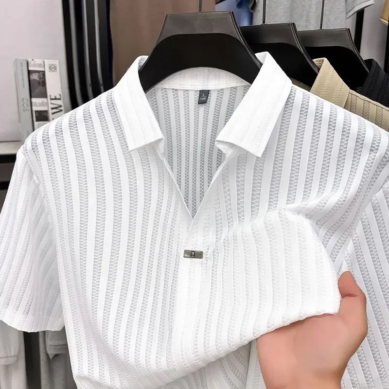

Men's Cool Feeling Solid Color Lapel Polo Shirt Thin Nylon Seamless Short Sleeve Casual Tops For Summer