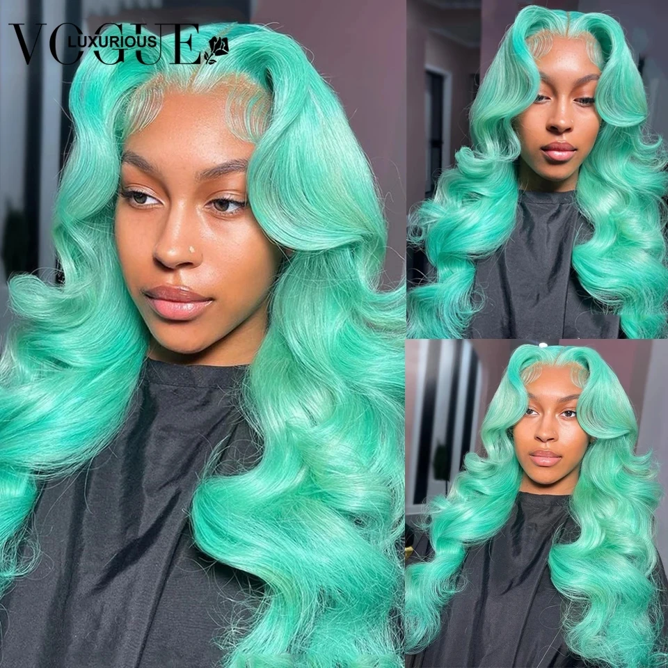 

Mint Green Colored Human Hair Wigs Body Wave 13x4 Lace Frontal Wig 30 Inch Straight Lace Front Wigs for Women Pre Plucked