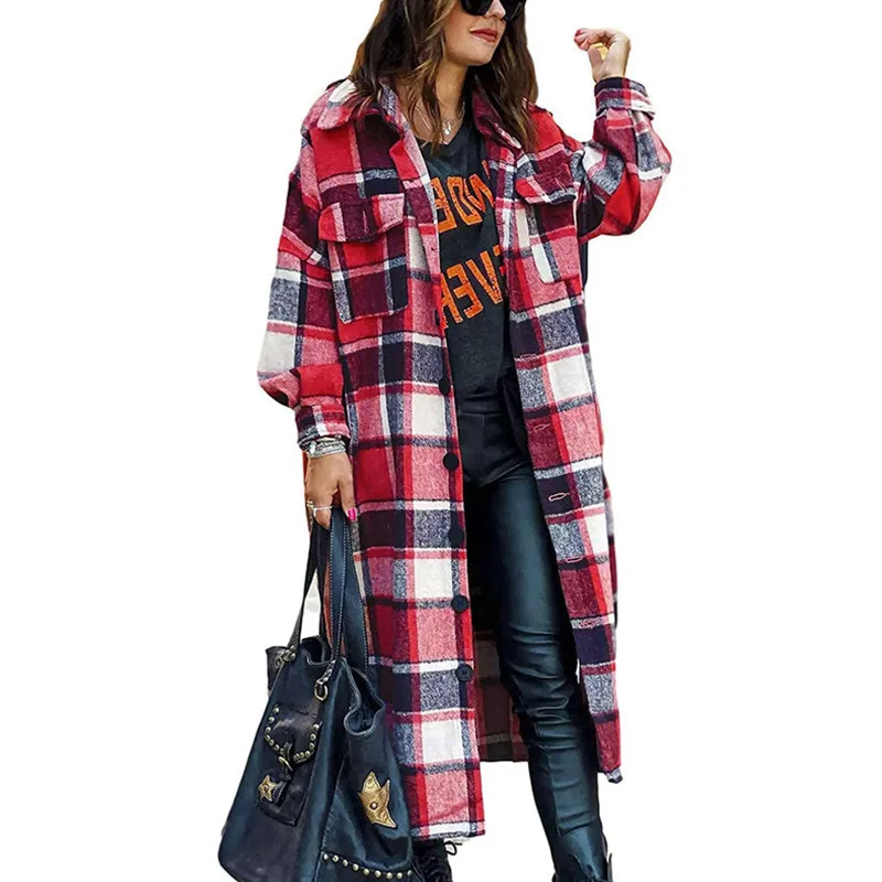 Long Sleeved Women's Trench Coat with Side Split Collar and Loose Fit Woolen Plaid Shirt Jacket for Women