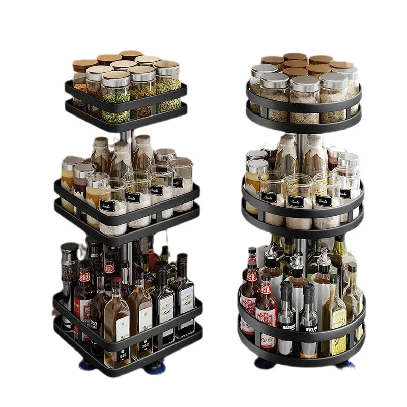 Multifunction Kitchen 3-layer Rotating Tray Storage Organizer Carbon Steel Spices Container Set Rack Jar Cans For Accessories