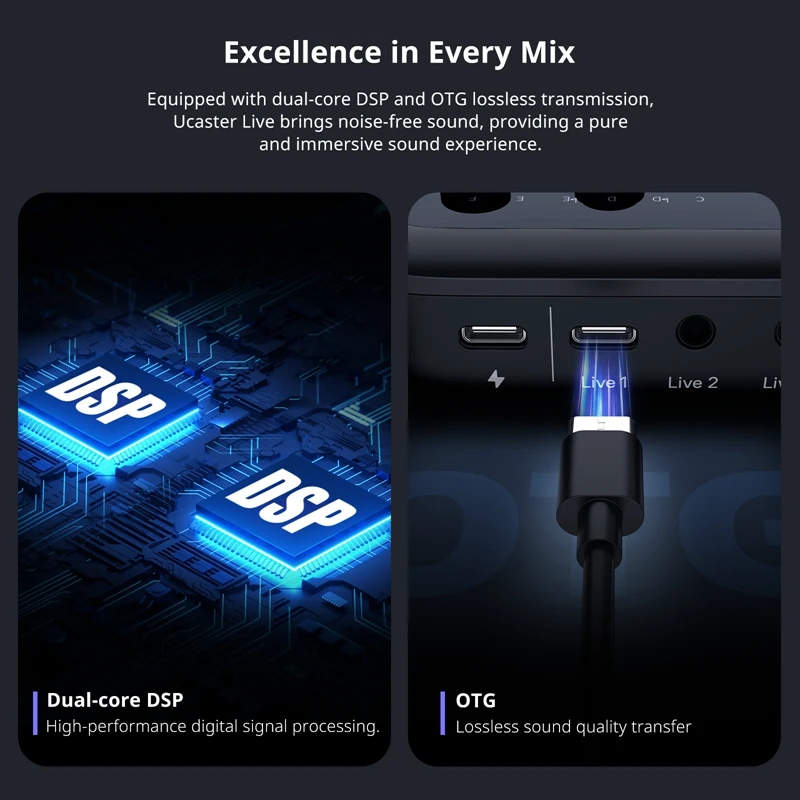 Ulanzi-AX01 Mixer de áudio, Tudo-em-um, Dual-core, DSP e OTG, Windows, Linux, Mac, OS, iOS, Android, Conversas Online, Jogo ao Vivo