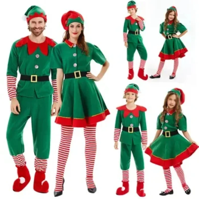 

Men Women Girls Boys Christmas Santa Claus Costume Green Elf Cosplay Family Carnival Party New Year Fancy Dress Clothes Set