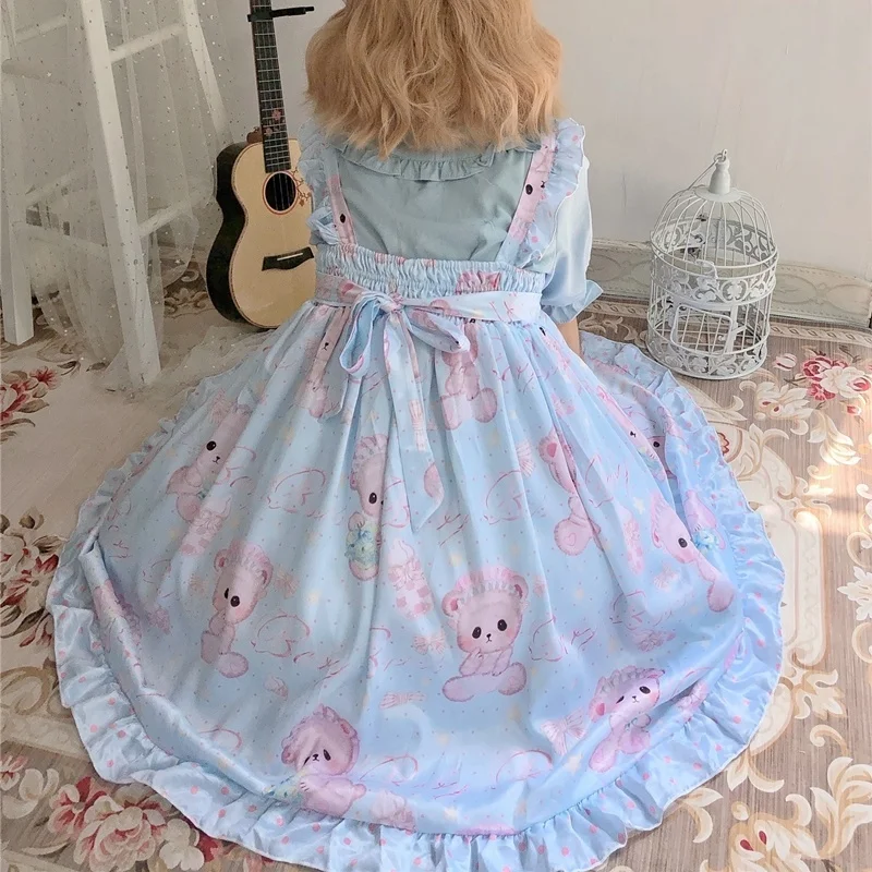 Japanische kawaii lolita stil jsk kleid frauen süße cartoon druck party kawaii prinzessin kleider y2k ärmellose riemen kleider