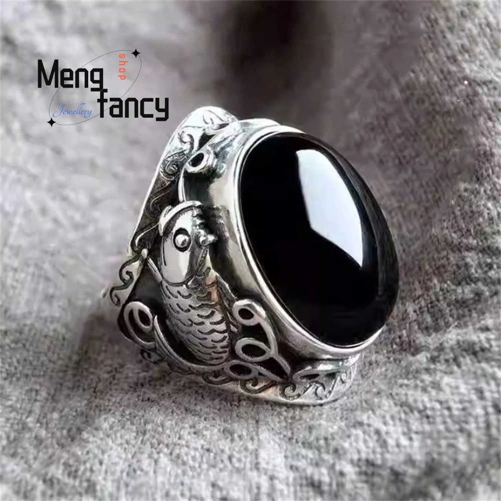 

Chinese Craftsmanship Obsidian Men's Design Sense Ring PI Xiu Retro Black Agate Inlaid Version Fashion Jewelry Exquisite Elegant