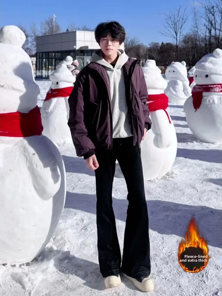 

American High Street Fce Lined Slim Fit Jeans Men's Autumn Winter Warm Sli Knife Versatile Casual Straight Leg Jeans