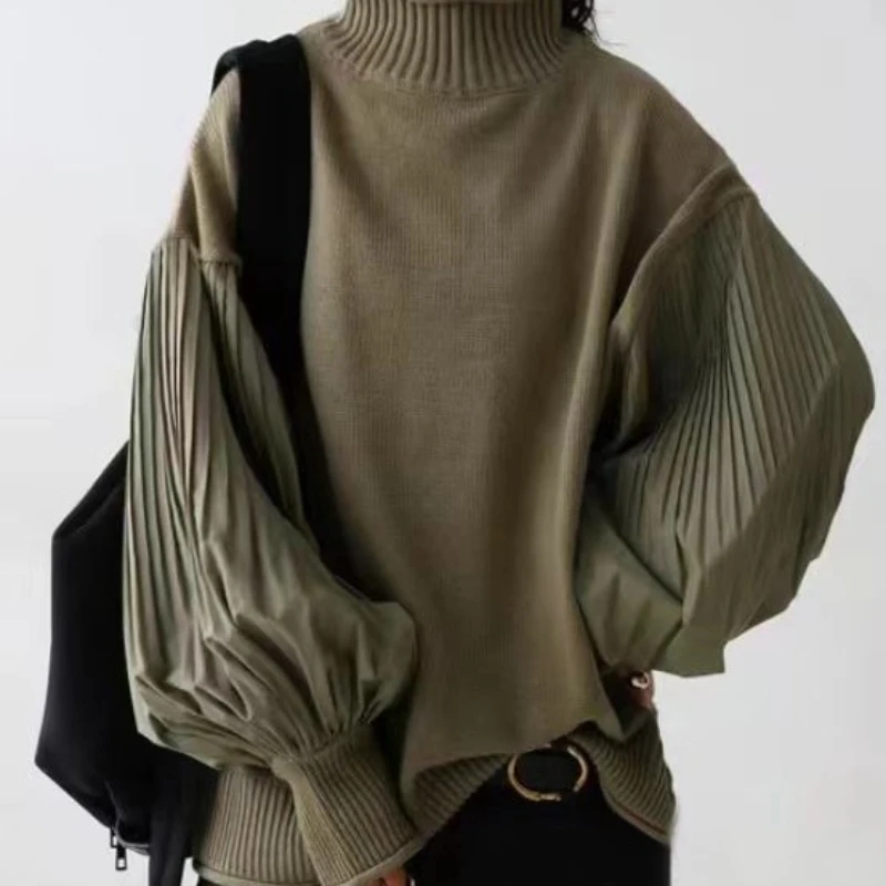 

Women High Collar Pullover 2024 Autumn/Winter New Folded Sleeve Spliced Casual Women's Knitwear Fashion Sweater