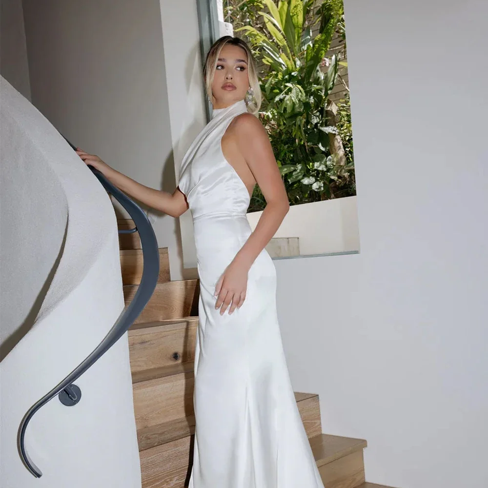 

Simple Halter Wedding Dresses Mermaid Sweep Bridal Growns Front Split Backless Sleeveless Customized Satin Vestidos De Novia