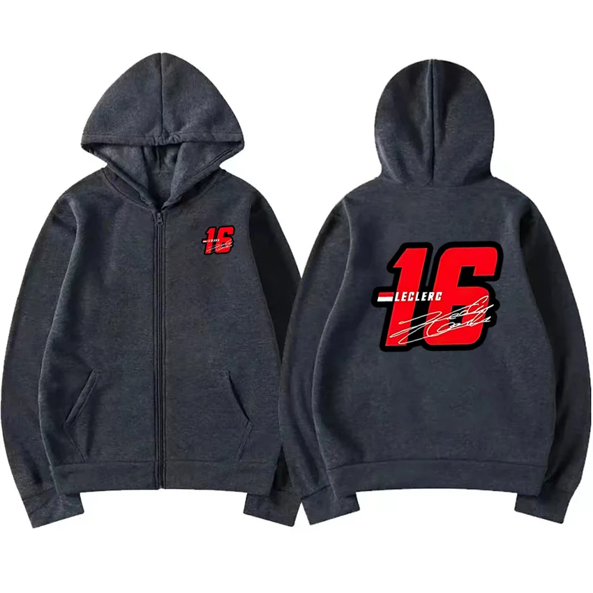 Hot sale Number 16 Charles Leclerc Racer Double Sided Print Zipper Hoodie Men Women vintage Jacket Coat Unisex Fleece Sweatshirt