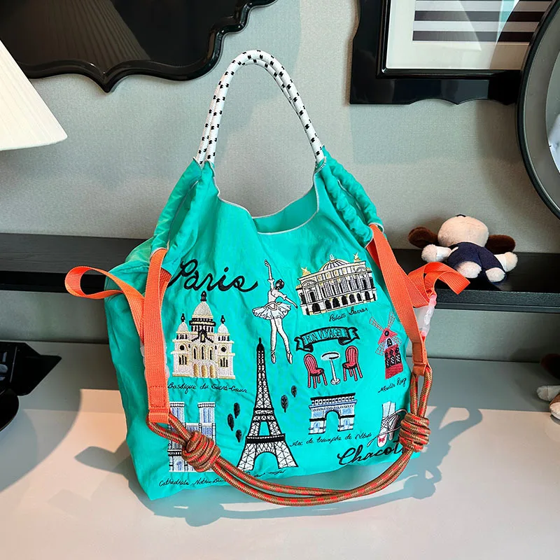 

Cartoon Embroidery Shoulder Bag Overlarge Iron Tower Tote Bag Designer Eco Bags for Women Handbags Nylon Recycle Shopper Purses