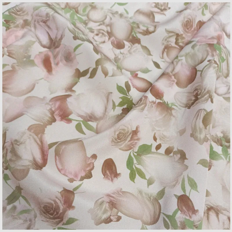 Light Pink Background Rose Printing Digital Inkjet Silk Fabric 03 Wide Crepe De Chine Silk Fabric