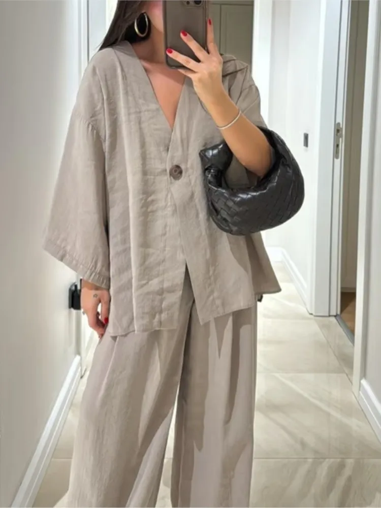 

Fashion V-neck Nine-point Sleeve Cardigan Top + Wide-leg Pants 2-piece Set Women's Elegant Solid Color Loose Casual Suit Female