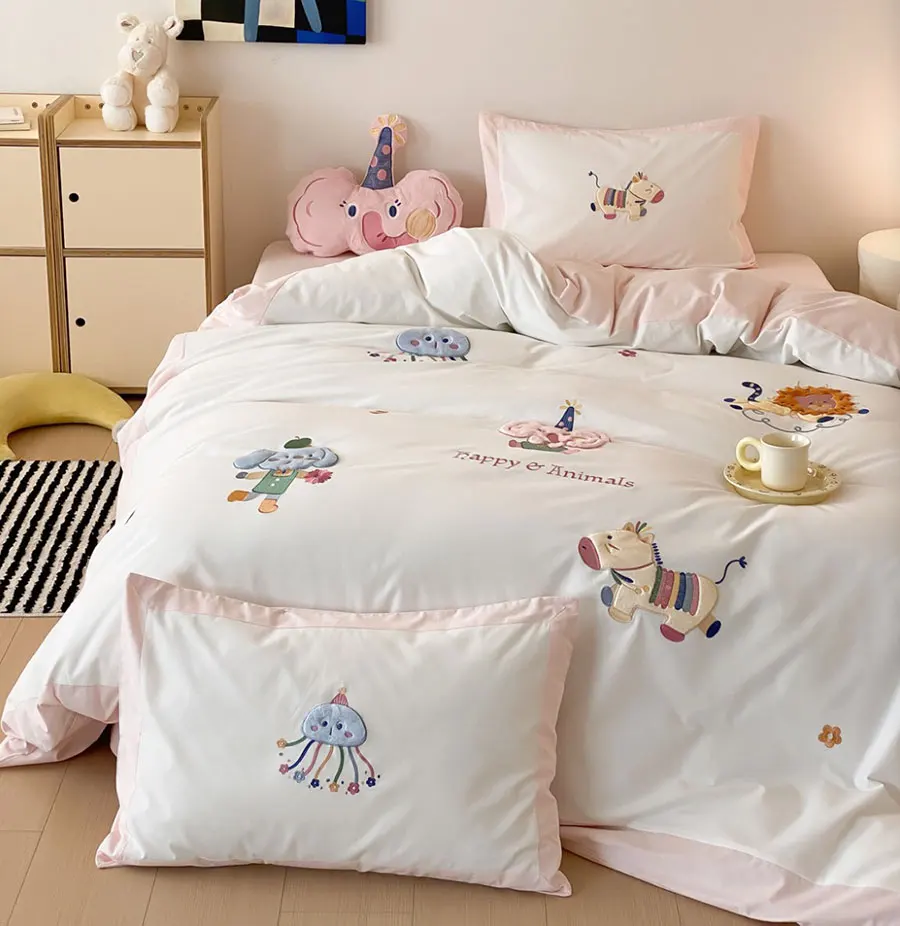 Cute cartoon embroidery elephant rabbit bear bed set,twin full queen king cotton home textile bed sheet pillow case quilt cover