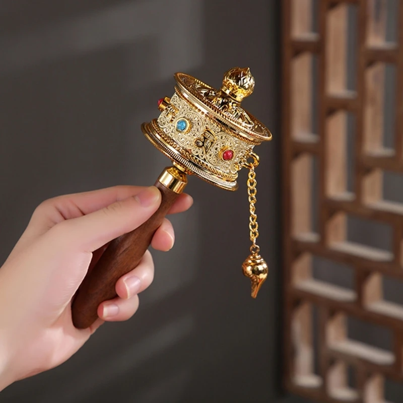 Carvings Hand Cranking Prayer Wheel with Pendants Tibetan Buddhist