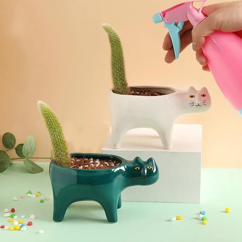 

Ceramic Cactus Culture Pot Cat-shaped Succulent Plant Pots Office Desktop Small Decorative Ornaments Creative Crafts