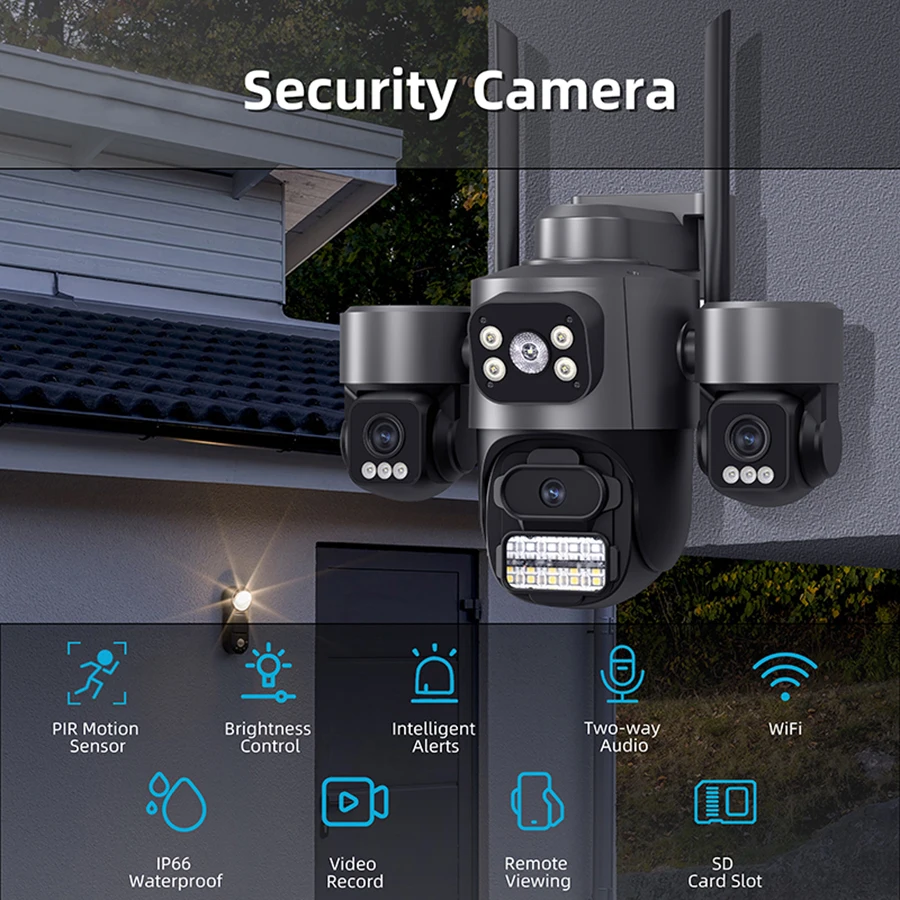 Cámara de Seguridad Wifi de 12MP 6K con 3 Lentes, Sistema de Triple Cámara con IA para Detección de Personas, IP66 Resistente al Agua