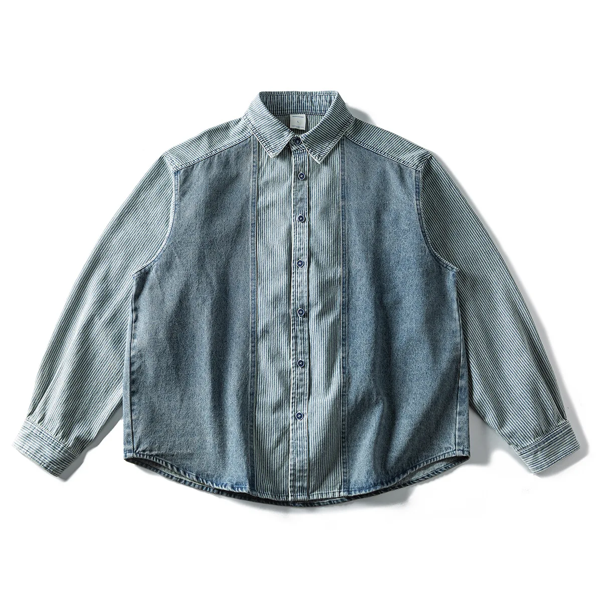 Stripe Denim Splice Fashion Shirt Men Japanese Streetwear Cityboy Loose Casual Long Sleeve Oversize Jeans Shirts Coat Tops