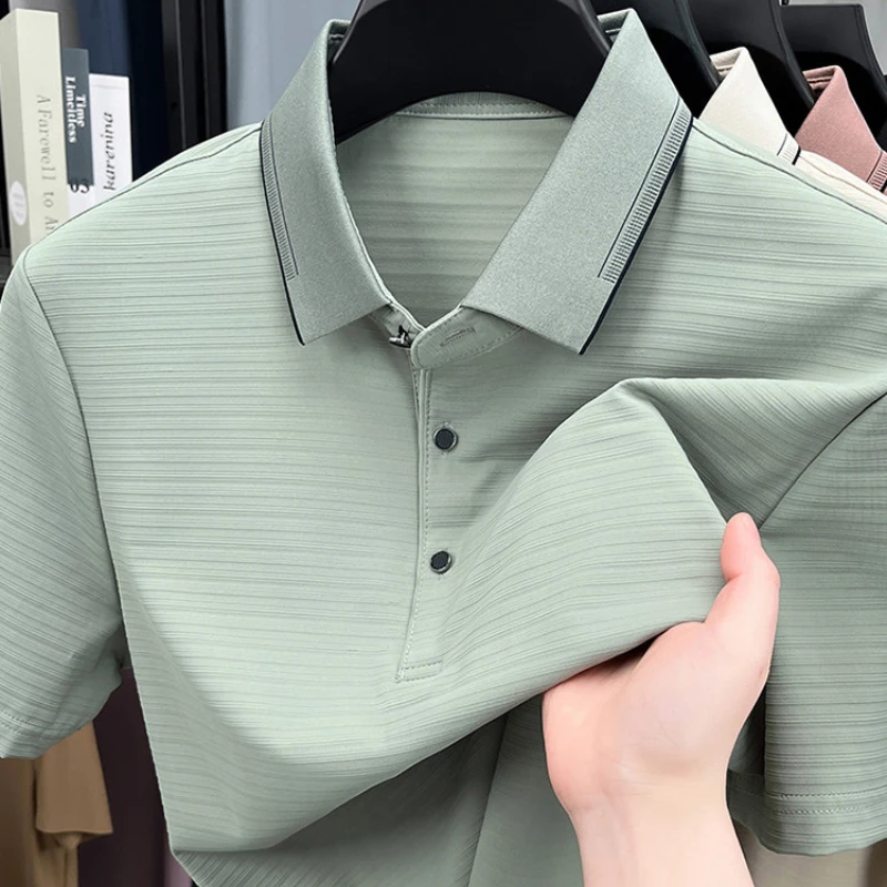 Men Short Sleeve T-Shirt Subtle Striped Texture Classic Collar Design with Button Details - Soft and Breathable Fabric POLO