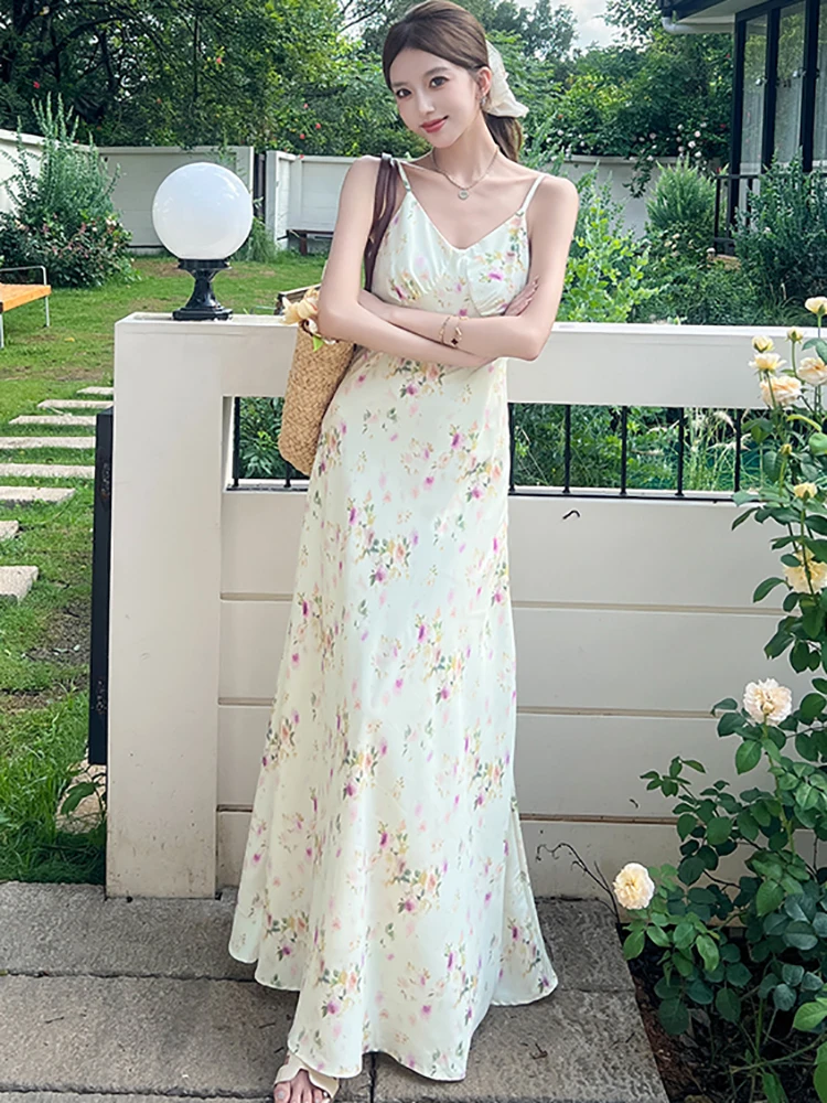 Mulheres estilo praia floral com decote em v sexy estilingue vestido de verão elegante casual vestido de férias 2025 nova moda coreana vestidos maxi de luxo