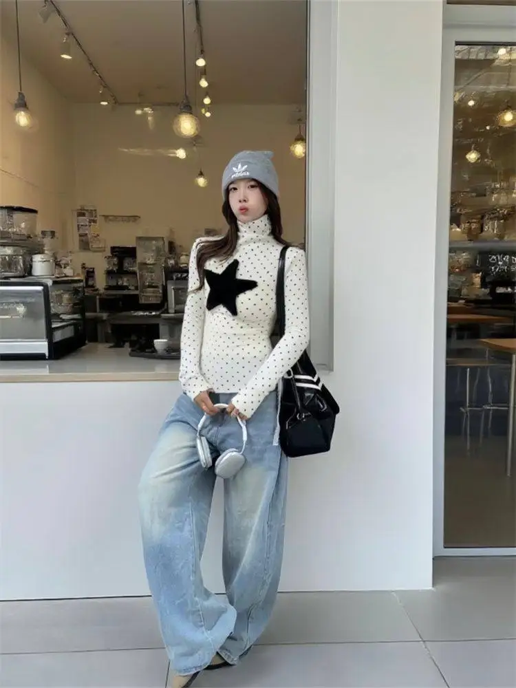 Y2K Polka Dot Tshirt Women Retro Sweet Pile Collar Long Sleeve Korean Style Age Reducing Slimming Top