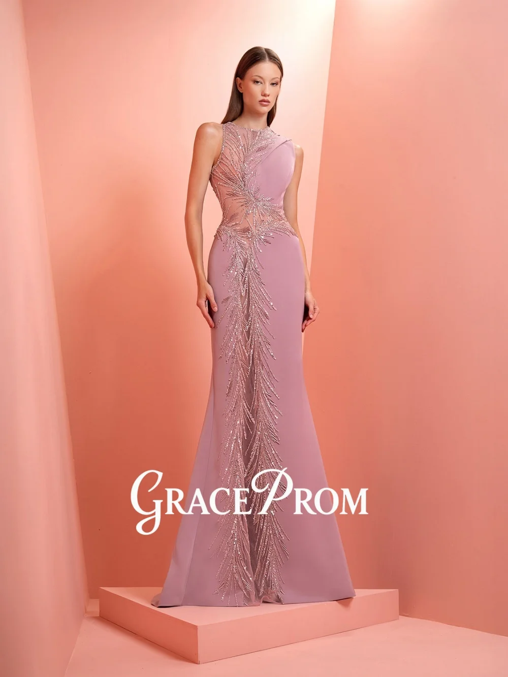 

GraceProm Stylish High-Neck Evening Dress 2026 Shiny Beaded Carpet Gown Trendy Trumpet Floor-Length Party Gown فساتين سه