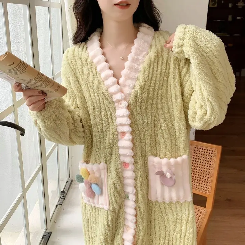 

Winter Robe Women Coral Velvet Padded Thickened Nightgown Bathrobe Autumn Winter Long Bathrobe Jacket Facecloth Pajamas New