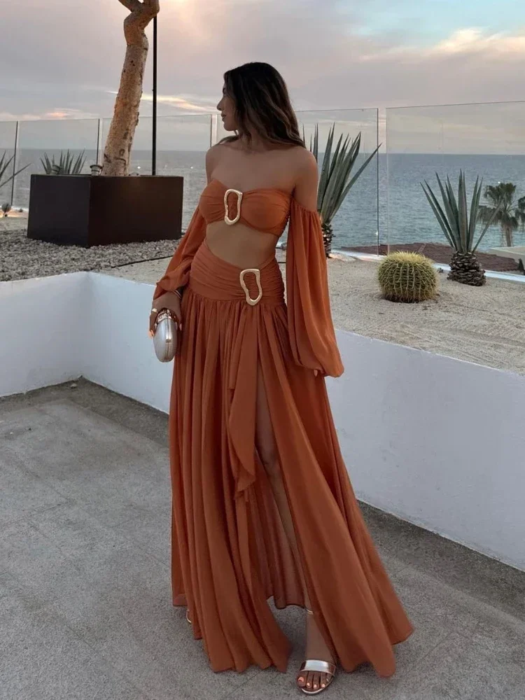 Sexy Women Pleated Split Midi Skirt Sets Long Lantern Sleeve Off Shoulder Wrapped Tanks Suits 2024 New Lady Holiday Party Outfit