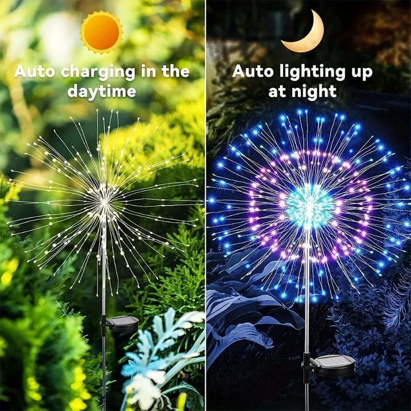 Solar Fireworks Lights, IP65 Waterproof, 8 Adjustable Lighting Modes, 60/200/300/420LED Per String For Yards, Courtyards, Campin