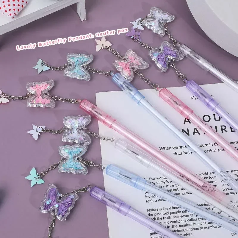 10Pcs/Lot Kawaii Butterfly Pendant Gel Pen 0.5mm Black Ink Smooth Writing Cute Sequin Neutral Pens Kids School Office Stationery