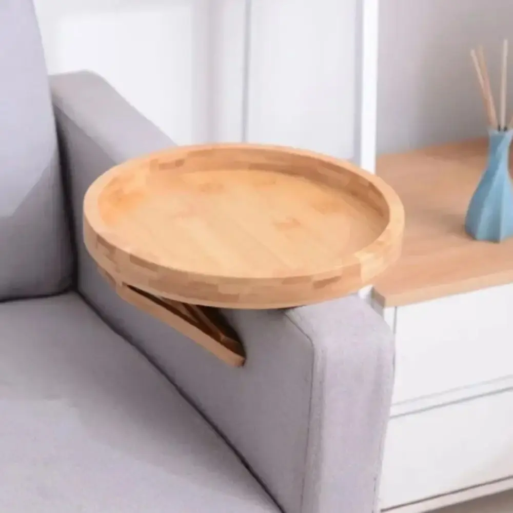 Original Natural Wooden Sofa Tray Foldable Bamboo-Wood Color Snack Tray Portable Circular Sofa Side Table Home Use