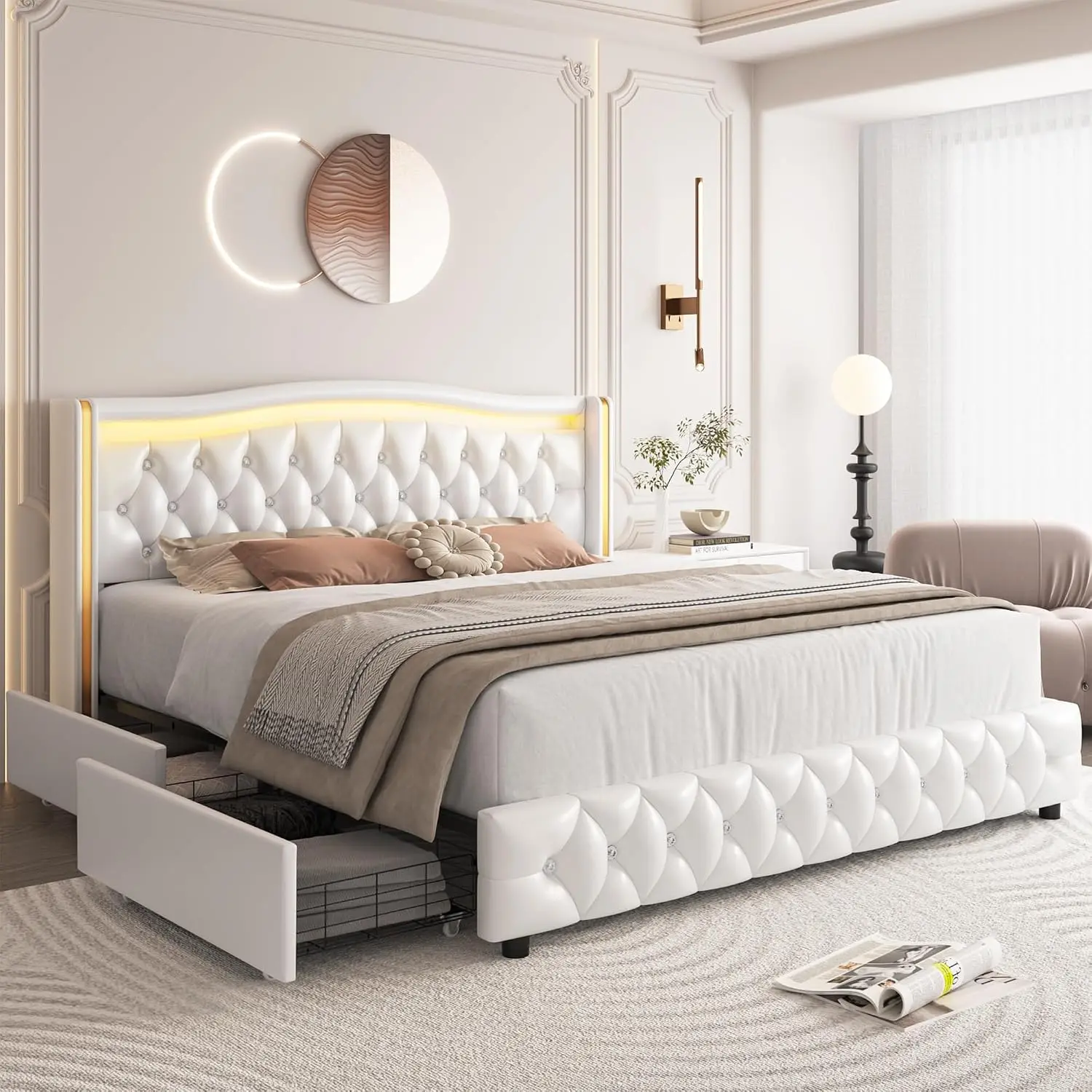 Upholstered Queen Size Bed Frame with LED Light & Storage, White PU Leather | Crystal Button-Tufted Wingback, Customized