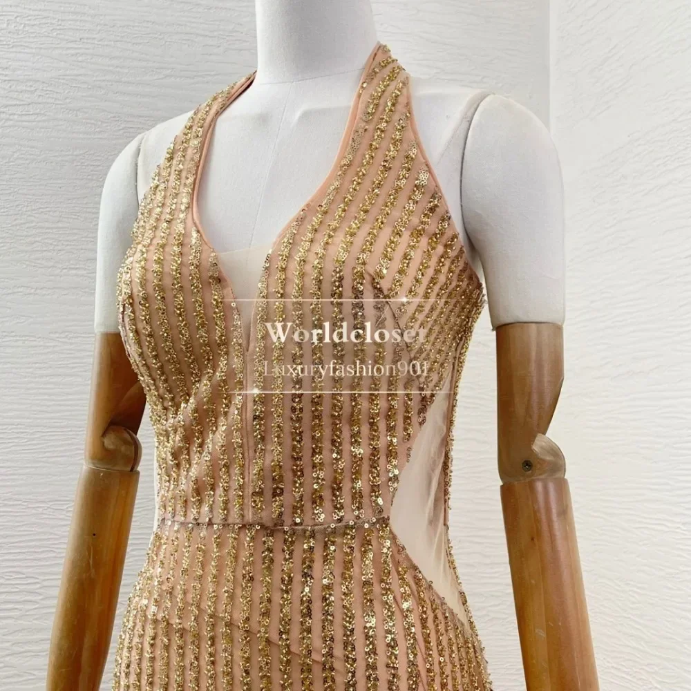 

2025 Women's Fashion Gold Sequin Sleeveless Beading Mermaid Fishtail Maxi Dress