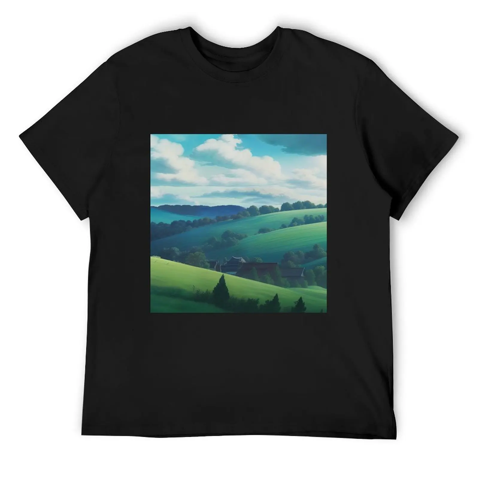 Ghibli Style Green Hills T-Shirt shirts graphic tee oversized vintage t shirts clothing for men