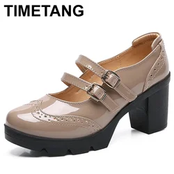 Ladies High Heels British Style Double Buckles Strap Patent Leather 7CM Square Heel Shoes Women Mary Jane Shoes Platform Shoes