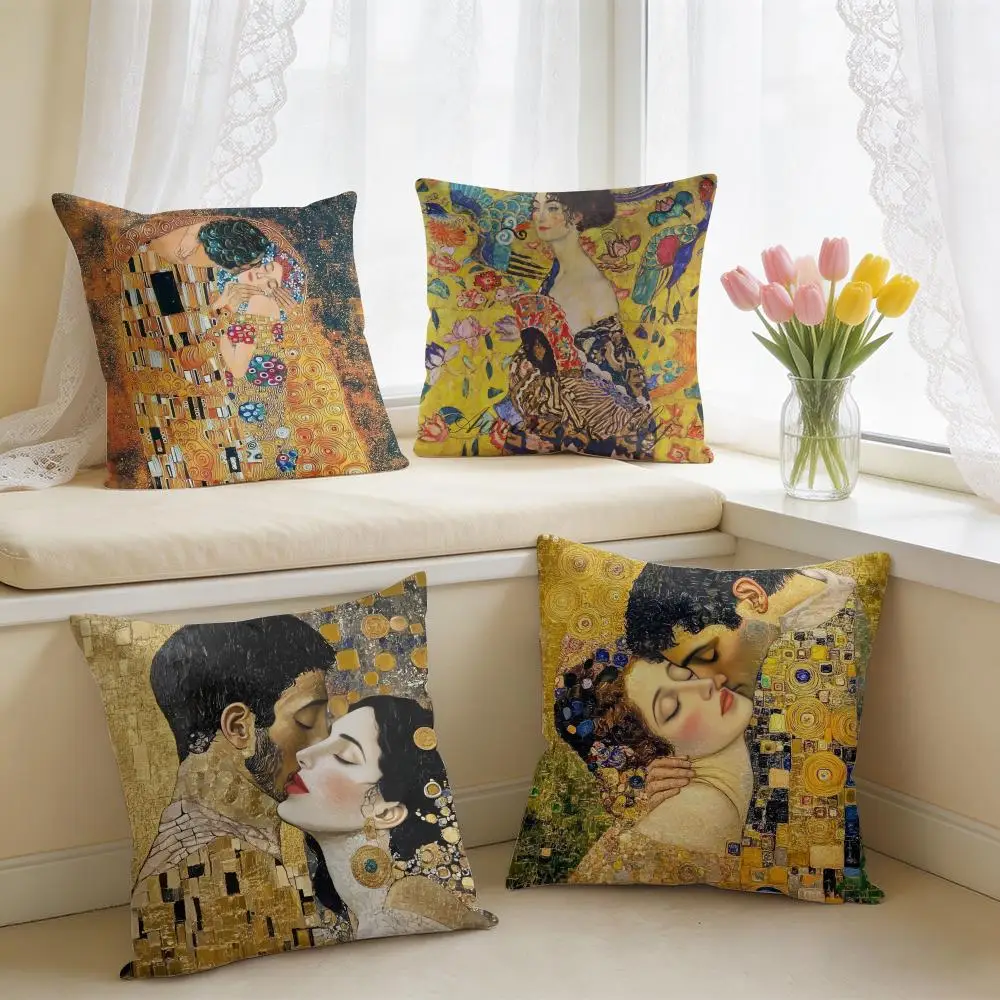 G-Gustav Klimt Oil Art Cushion Cover Square Short Plush Pillow Case Living Room Sofa Home Decor Funda 40X40
