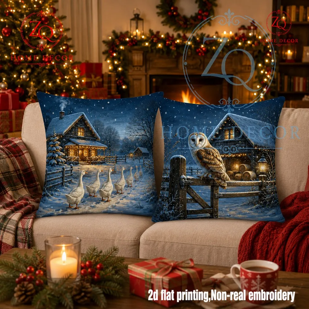 Snowy Night Barn Owl Print Pillowcase: A tranquil winter mosphere creed by st furnishings to add cozy retro American style
