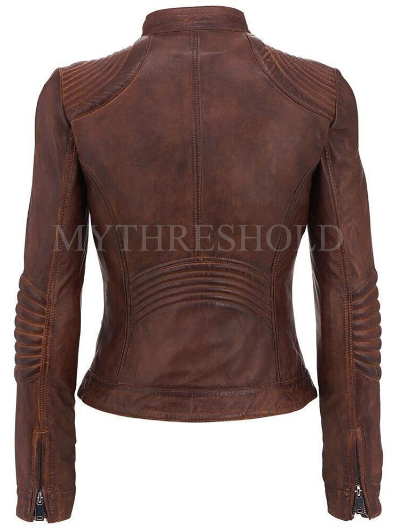 New Women Cafe Racer Moto Biker Distressed Brown Vintage Real Leather Jacket