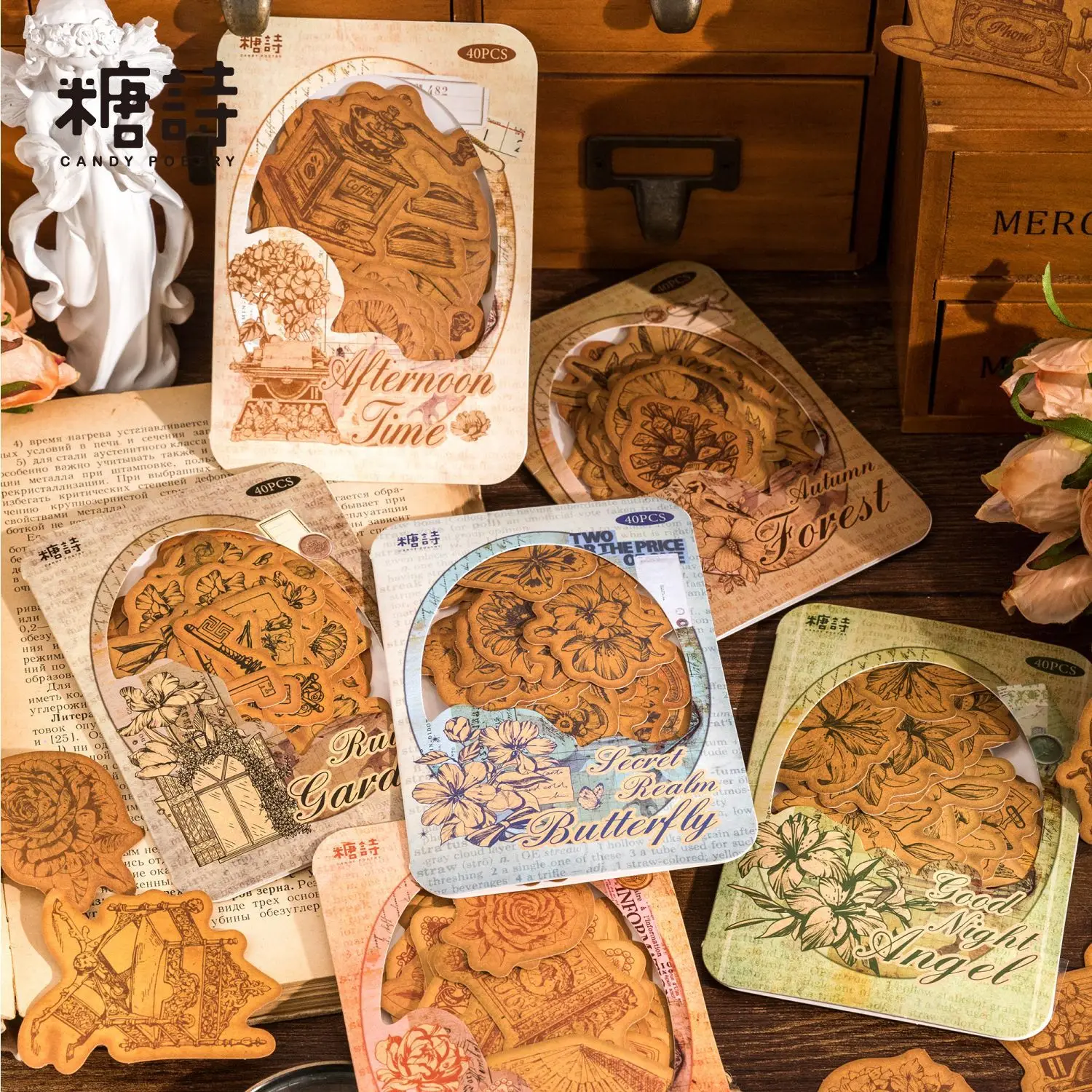 

Набор из 40 ретро-наклеек из крафт-бумаги с узорами для фотоальбомов, скрапбукинга, творчества и декора дневников