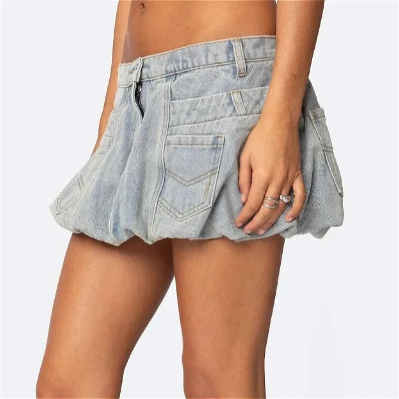 

2026 Denim Skirt for Women Sexy Bud Short Skirts Elastic Waist Washed Distressed Vintage Above Knee Y2k Summer Streetwear