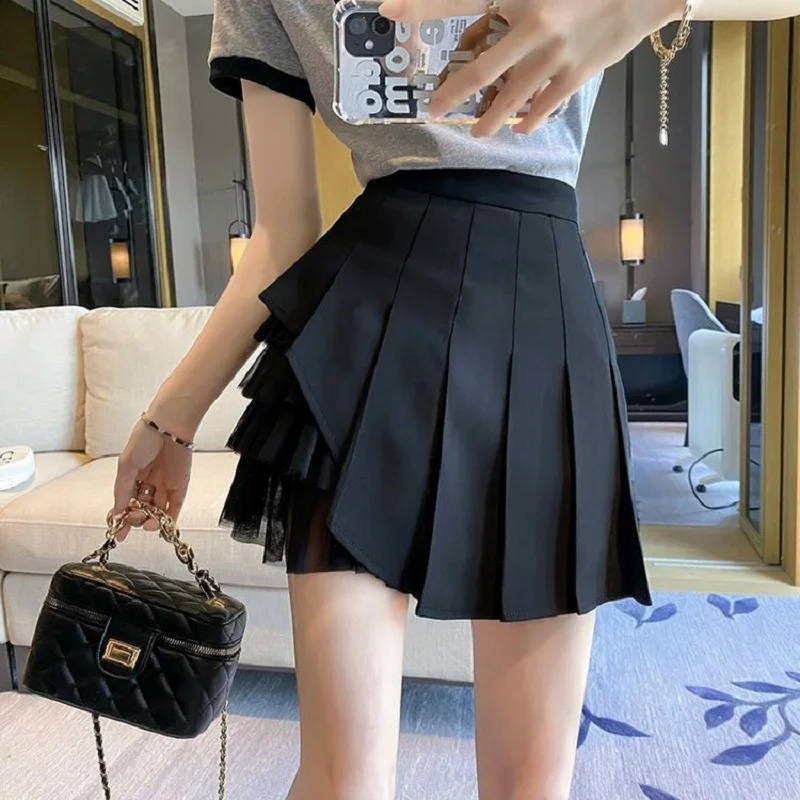 Korean version Designer Mesh Patched Pleated Skirts Women High Waist Slim Short Dresses Korean Style White Chiffon  Mini Skirts