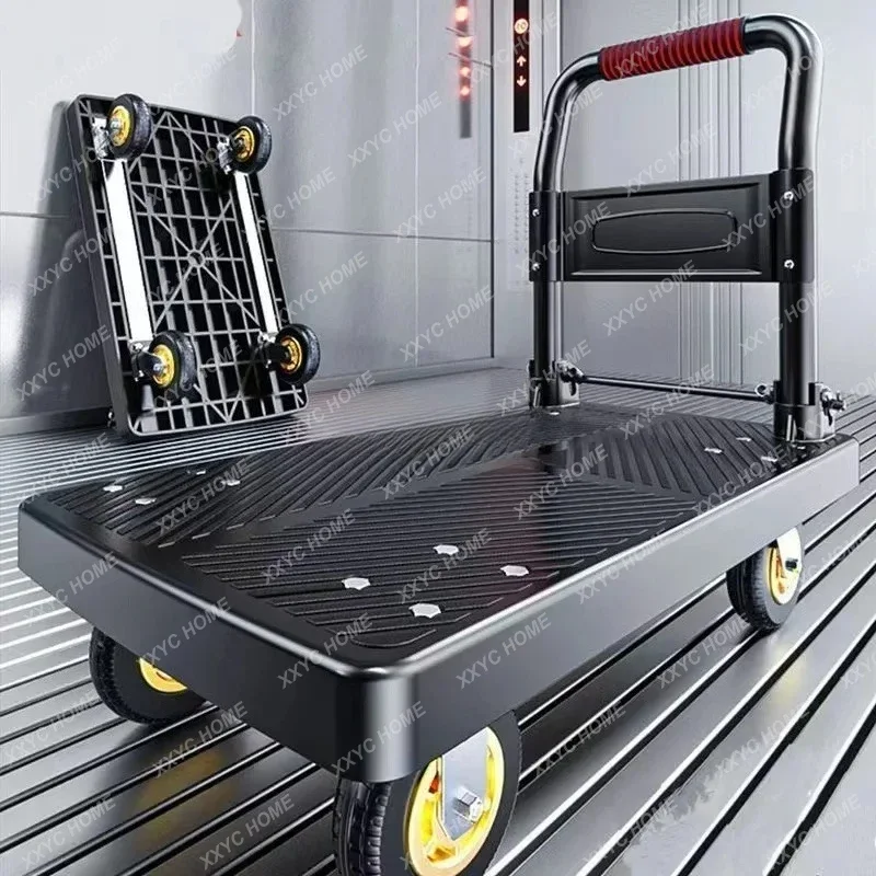 A trolley pulling goods, four-wheeled flat plate pushing goods, handling, folding hand push, express trailer.