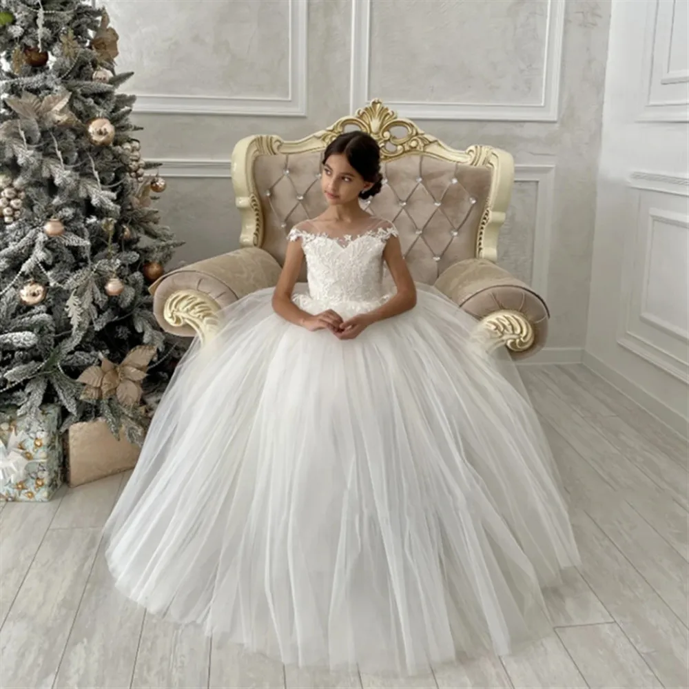 

Customized Flower Girl Wedding Dress Appliques with Bow Sleeveless Puffy Kids Birthday Party Dress Child First Communion Gown
