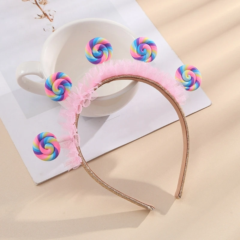 M2EA Children Day Toddler Hairband with Pleated Lace Lollipop Headbands Carnivals Amusement Park Children Hair Hoop