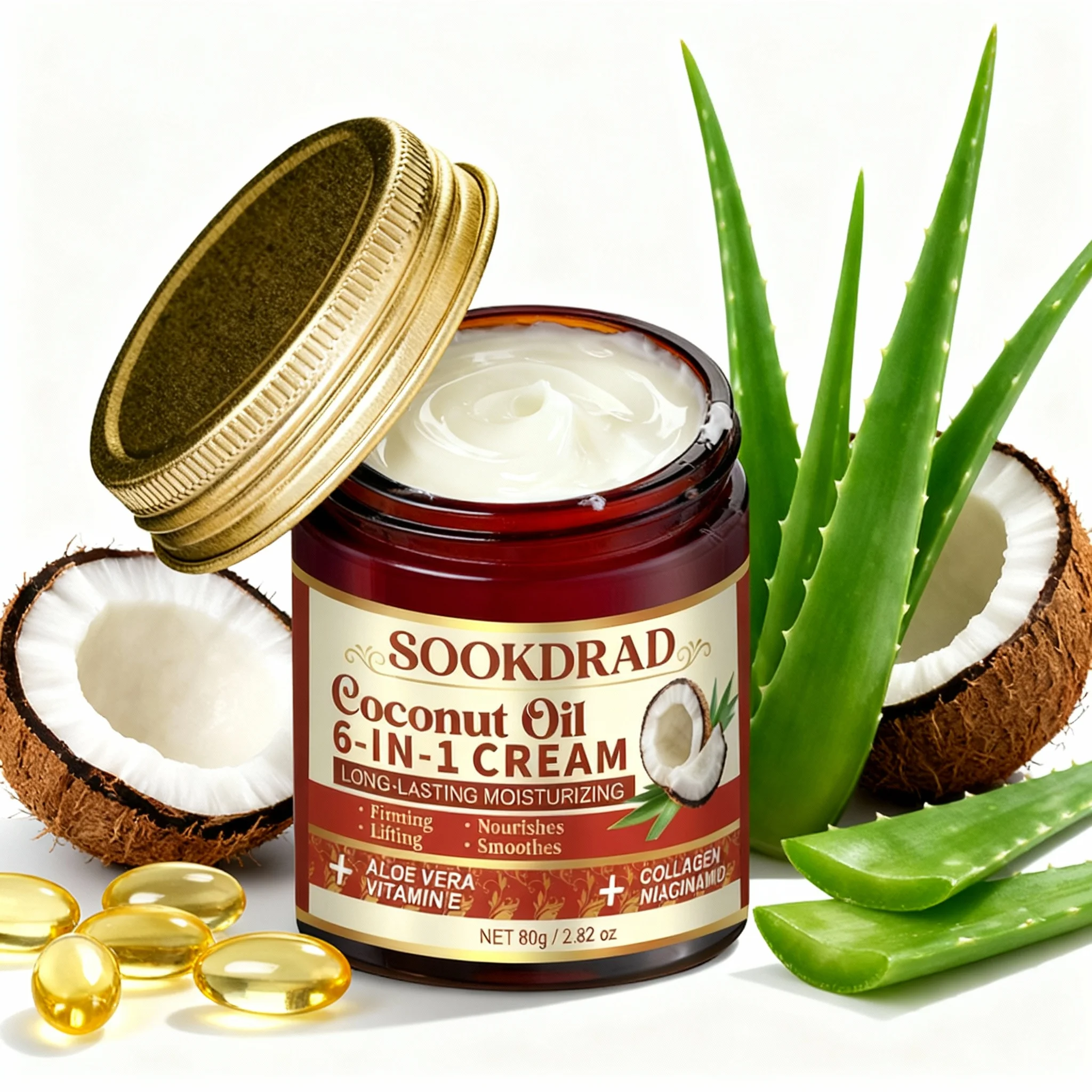 

Крем 6-в-1 с кокосовым маслом, коллагеном, алоэ, витамином Е, ниацинамидом, для длительного увлажнения, для лица и тела, для всех типов кожи, 80 г/2,82 унции, для ежедневного использования