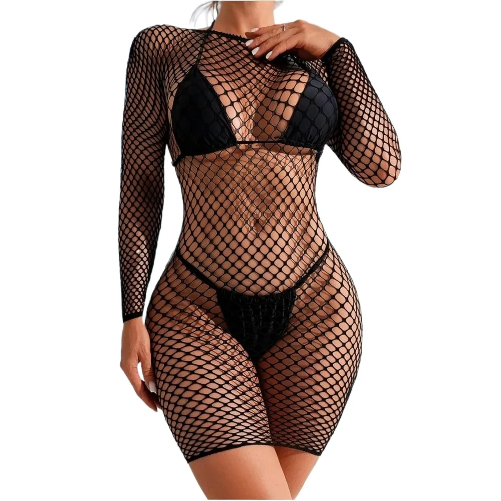 Damen Hochzeitsnacht Schwarzes Kleid Minikleid Sexy Ausgeschnittenes Netzkleid Langarm Transparentes Mesh Strandkleid Coverup